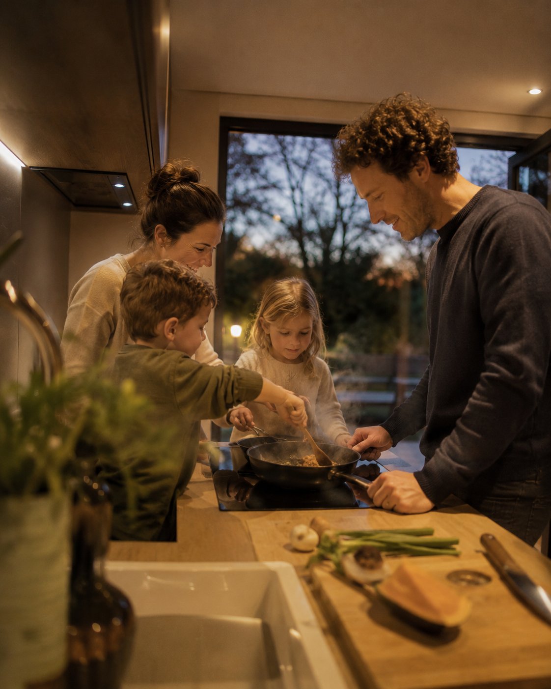 Family cooking inside the pod