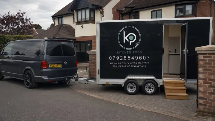 A Kitchen Pods trailer towed by a van and positioned on a block-paved driveway, side door open with timber steps