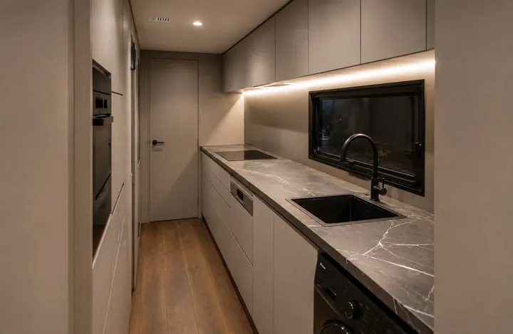 Inside a Kitchen Pod: galley kitchen with pale handleless cabinets, marble-effect worktop, black sink and tap, integrated oven, dishwasher and washing machine